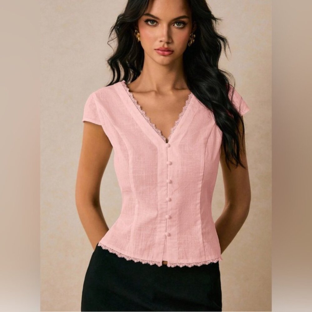 LAST ONE 🔥 Boho Lace Cap Sleeve Single Button Blouse Pink - Picture 6 of 7